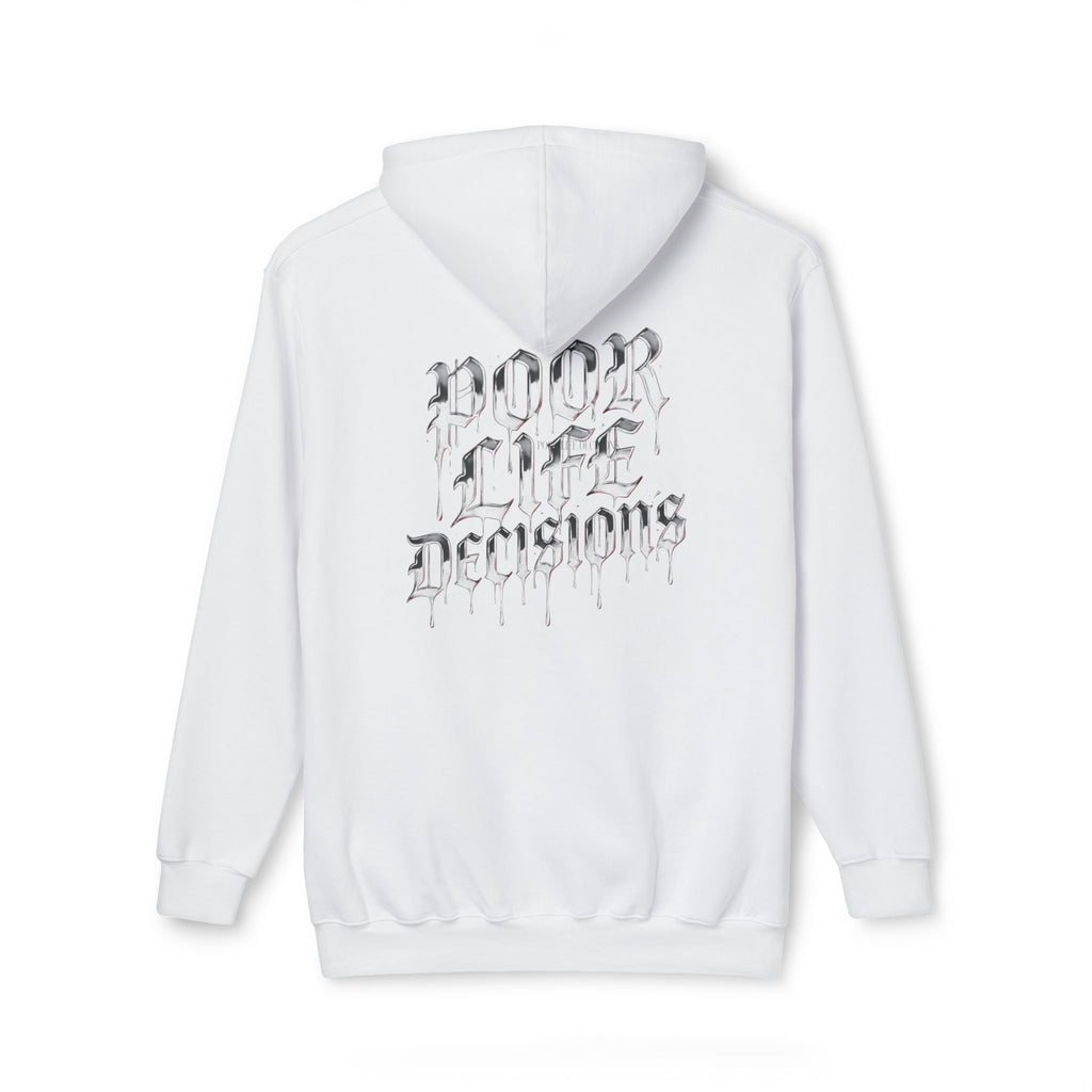 Poor Life Decisions Hoodie — White Graphic Hooded Sweatshirt