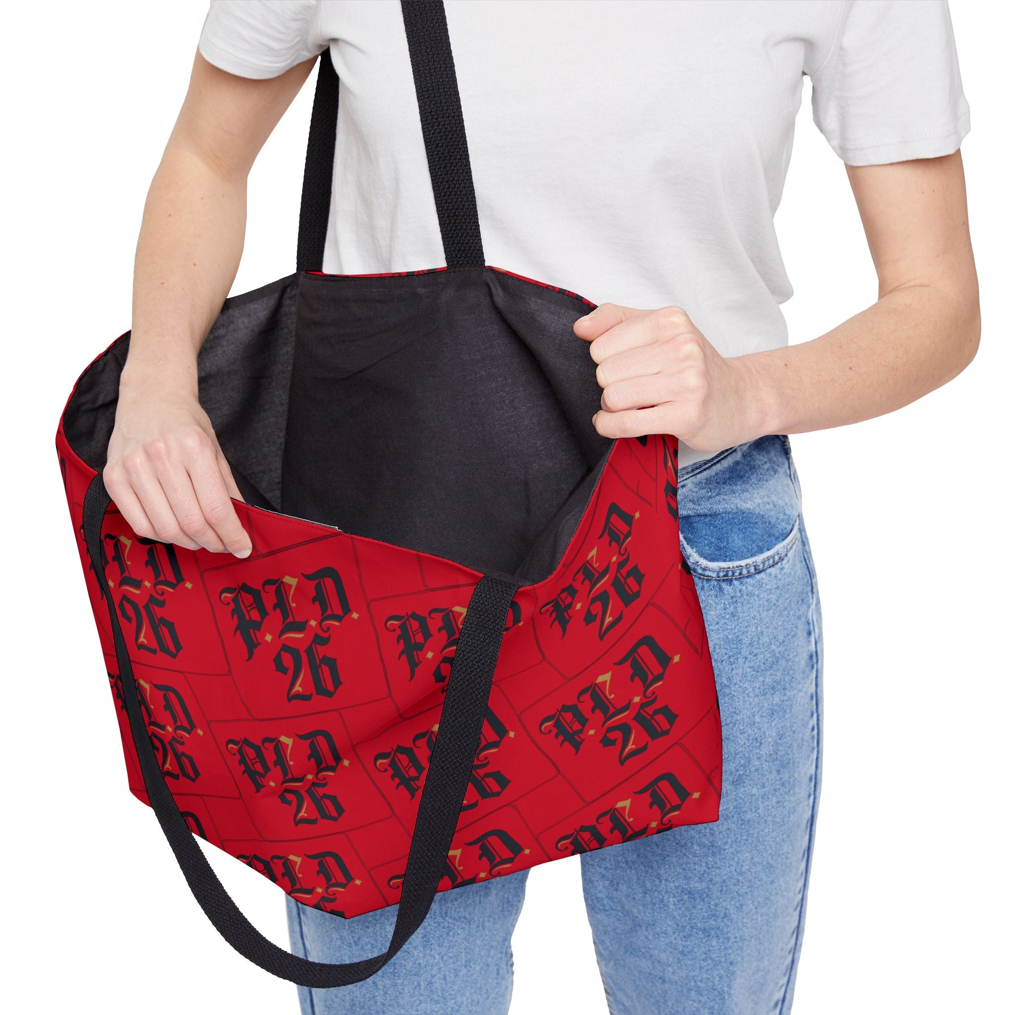 Weekender Tote Bag – Red Plaid 'WLD 26' Pattern Carryall