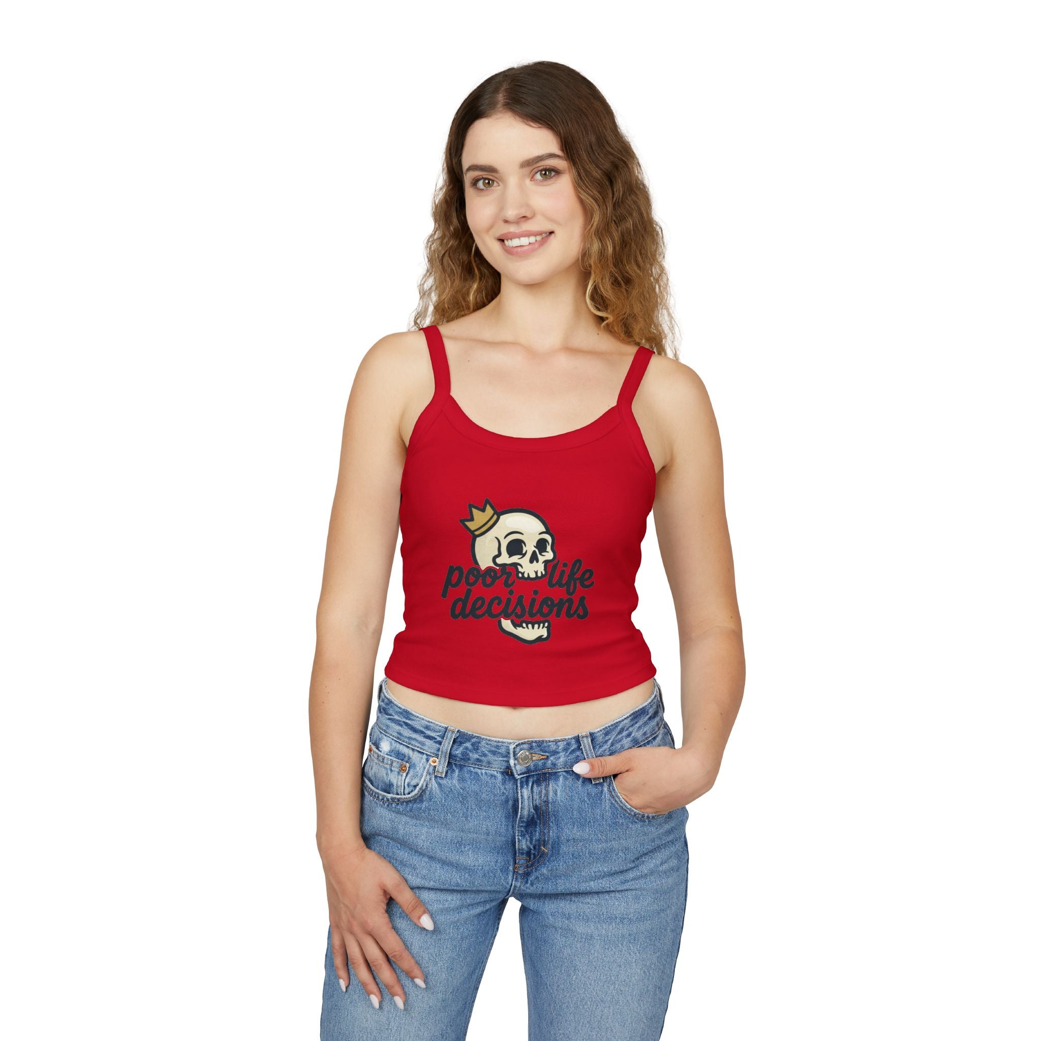 Skull Crown Crop Tank — "poor life decisions" Graphic Spaghetti-Strap Top