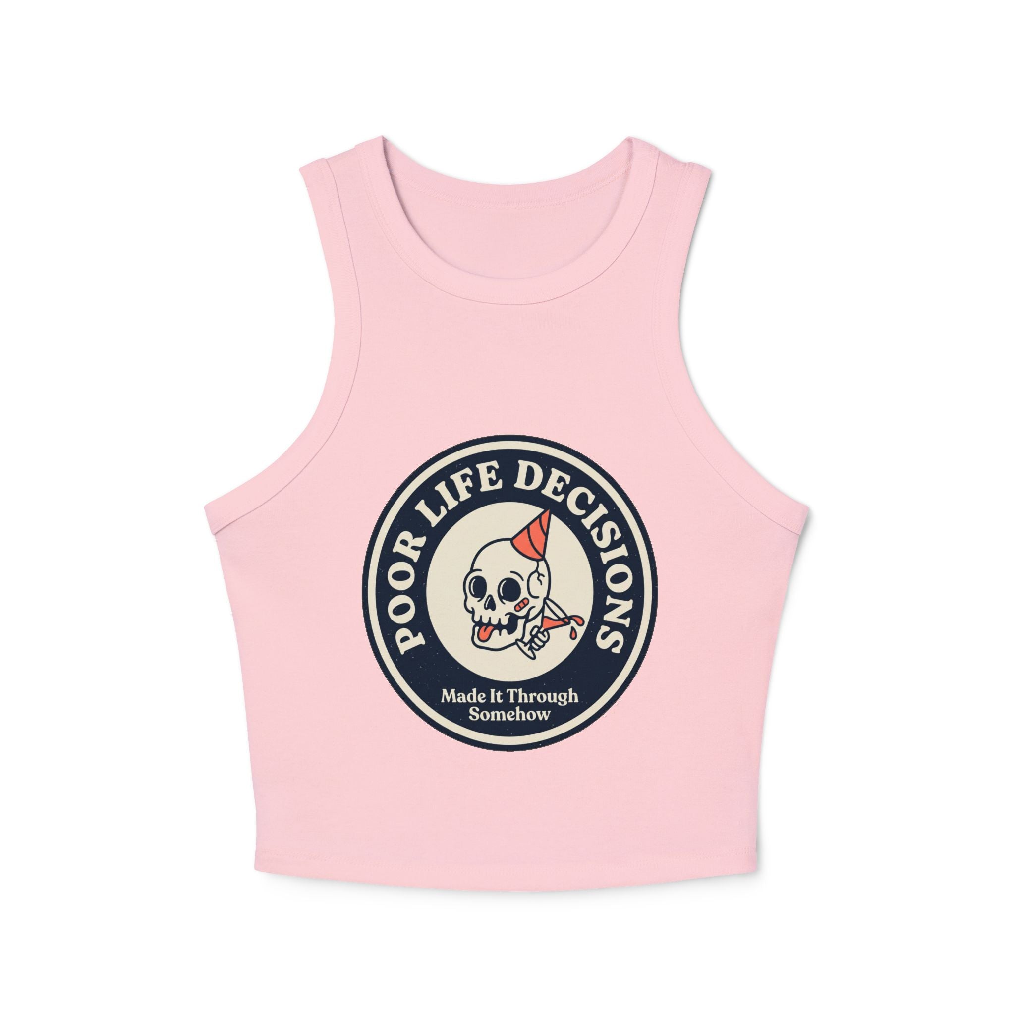 Women's Racer Tank Top — 'Poor Life Decisions' Skull Patch Graphic