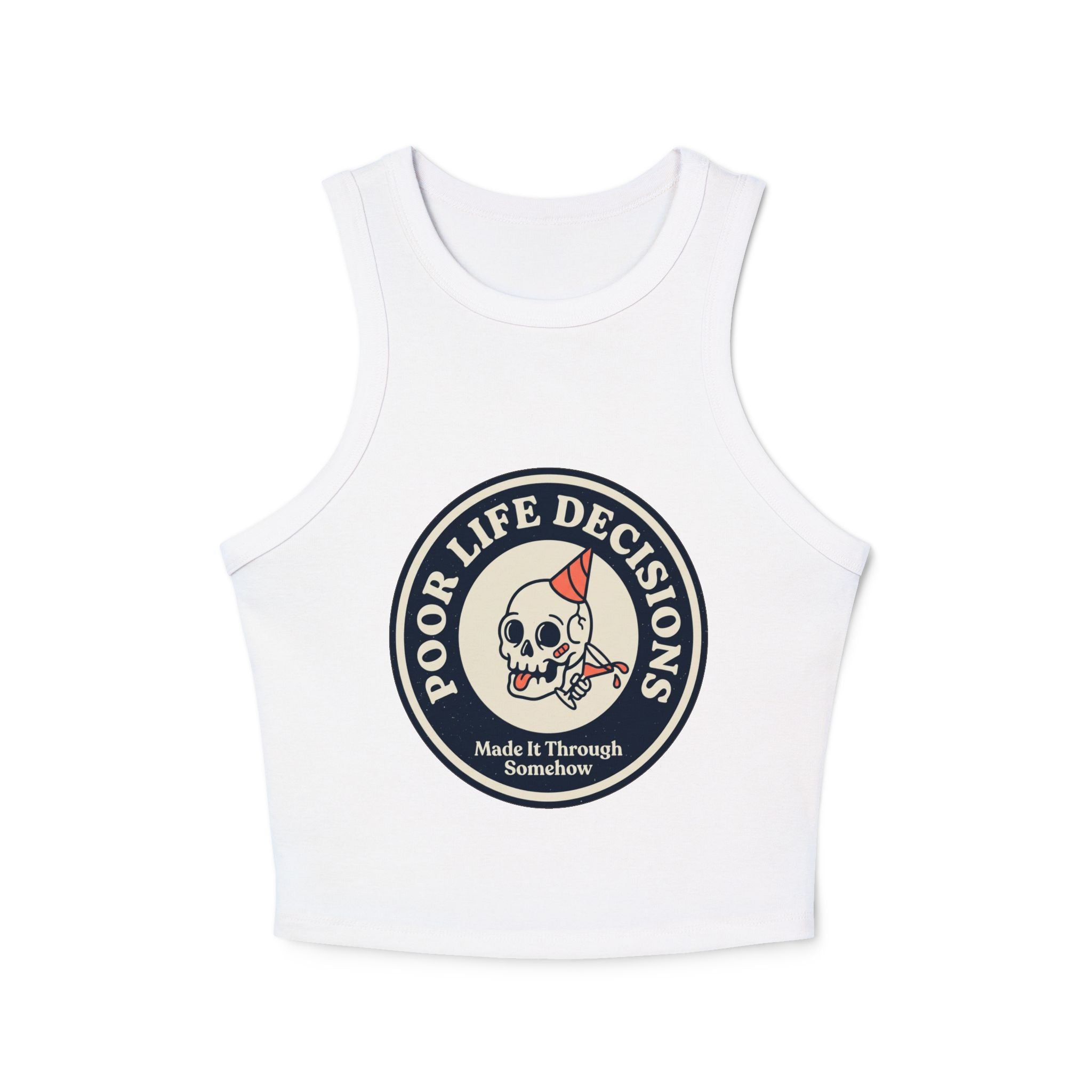 Women's Racer Tank Top — 'Poor Life Decisions' Skull Patch Graphic