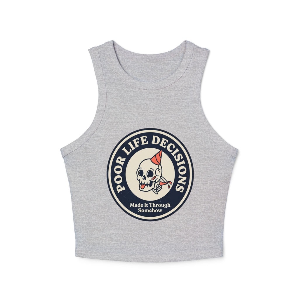 Women's Racer Tank Top — 'Poor Life Decisions' Skull Patch Graphic