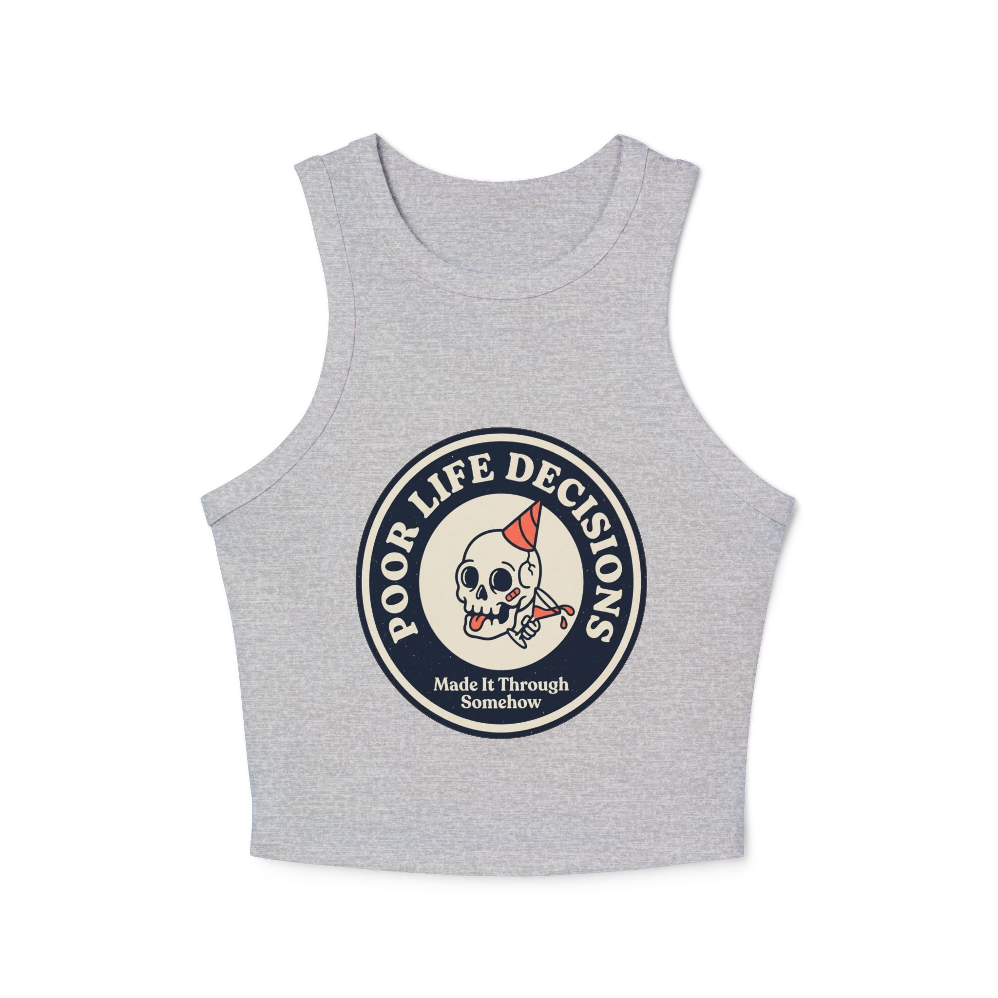 Women's Racer Tank Top — 'Poor Life Decisions' Skull Patch Graphic