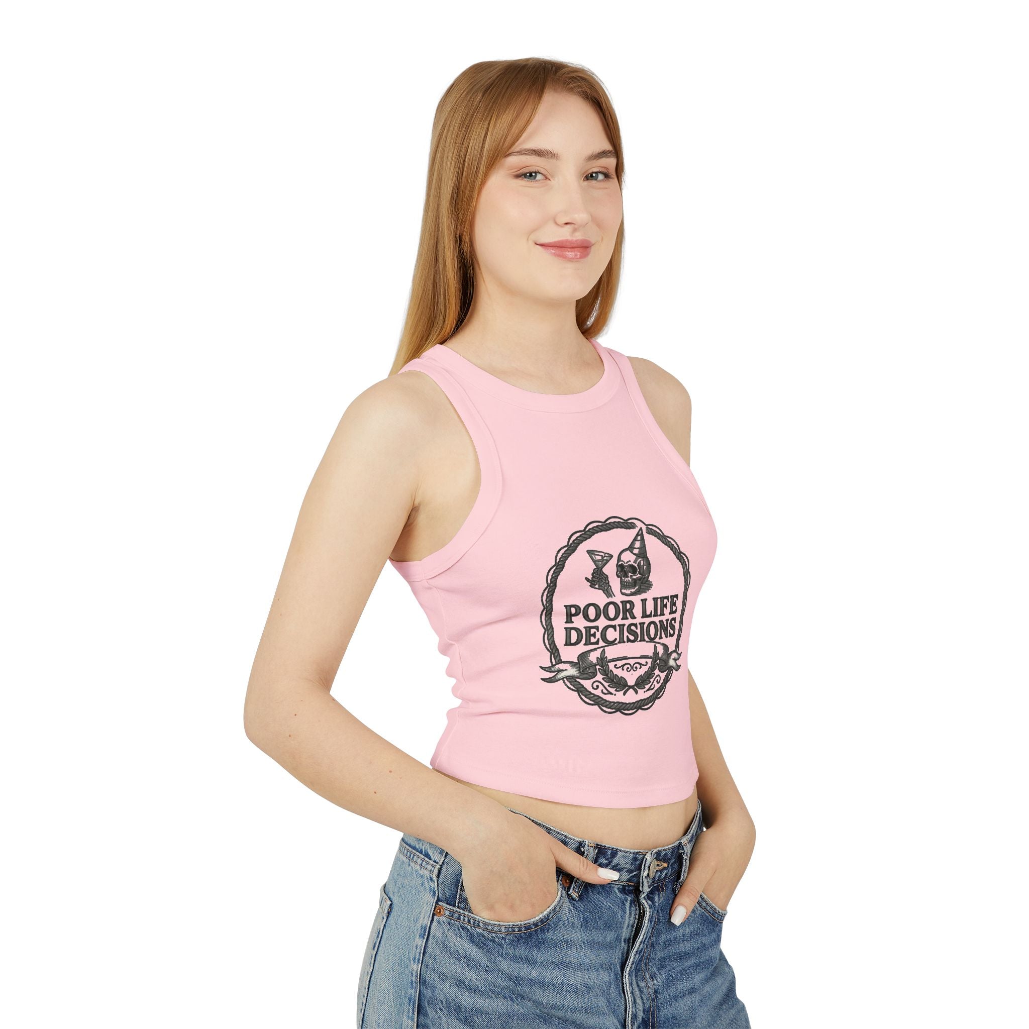 Racer Tank — "Poor Life Decisions" Graphic Crop Tank Top