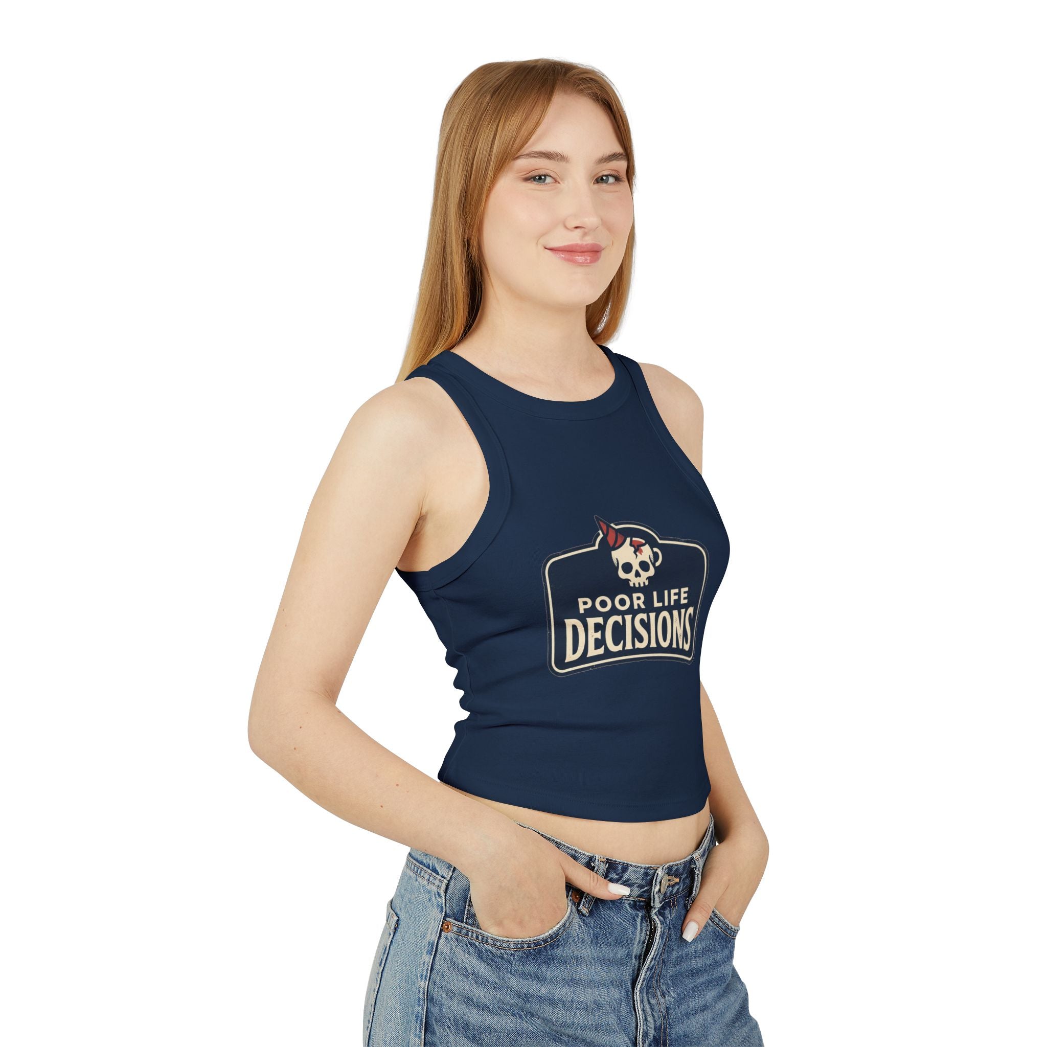 Ribbed Racer Tank Top — 'Poor Life Decisions' Skull Patch Graphic