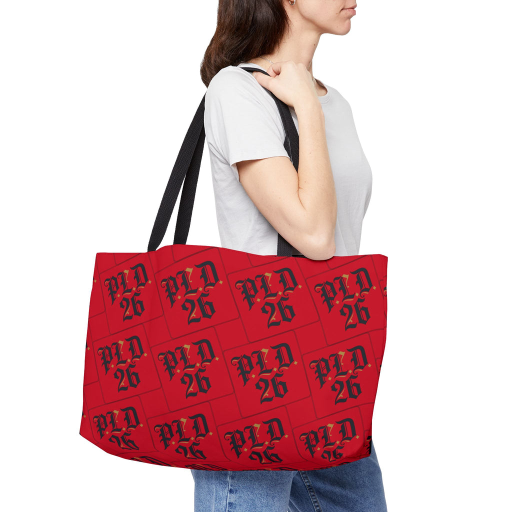 Weekender Tote Bag – Red Plaid 'WLD 26' Pattern Carryall