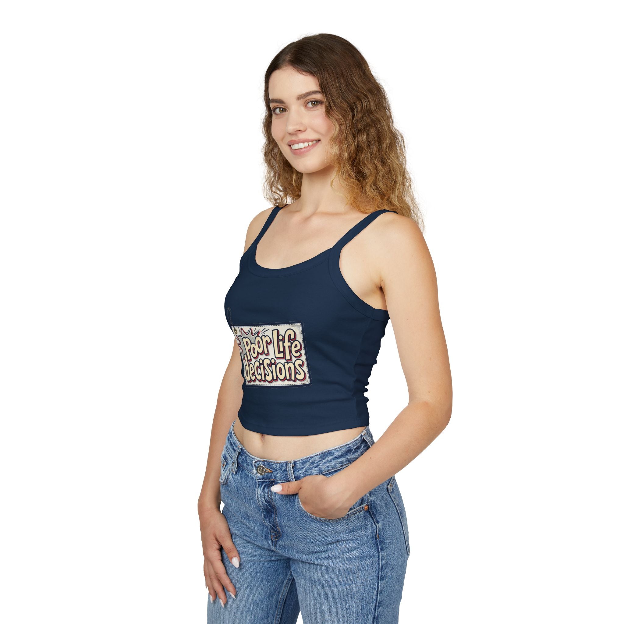 Spaghetti Tank Top — 'Poor Life Decisions' Patch Graphic Crop Top