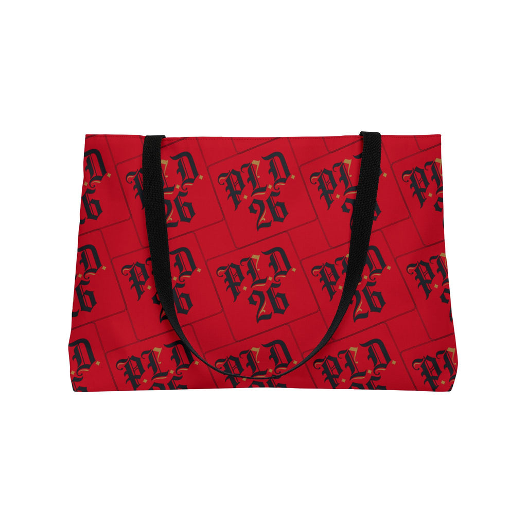 Weekender Tote Bag – Red Plaid 'WLD 26' Pattern Carryall