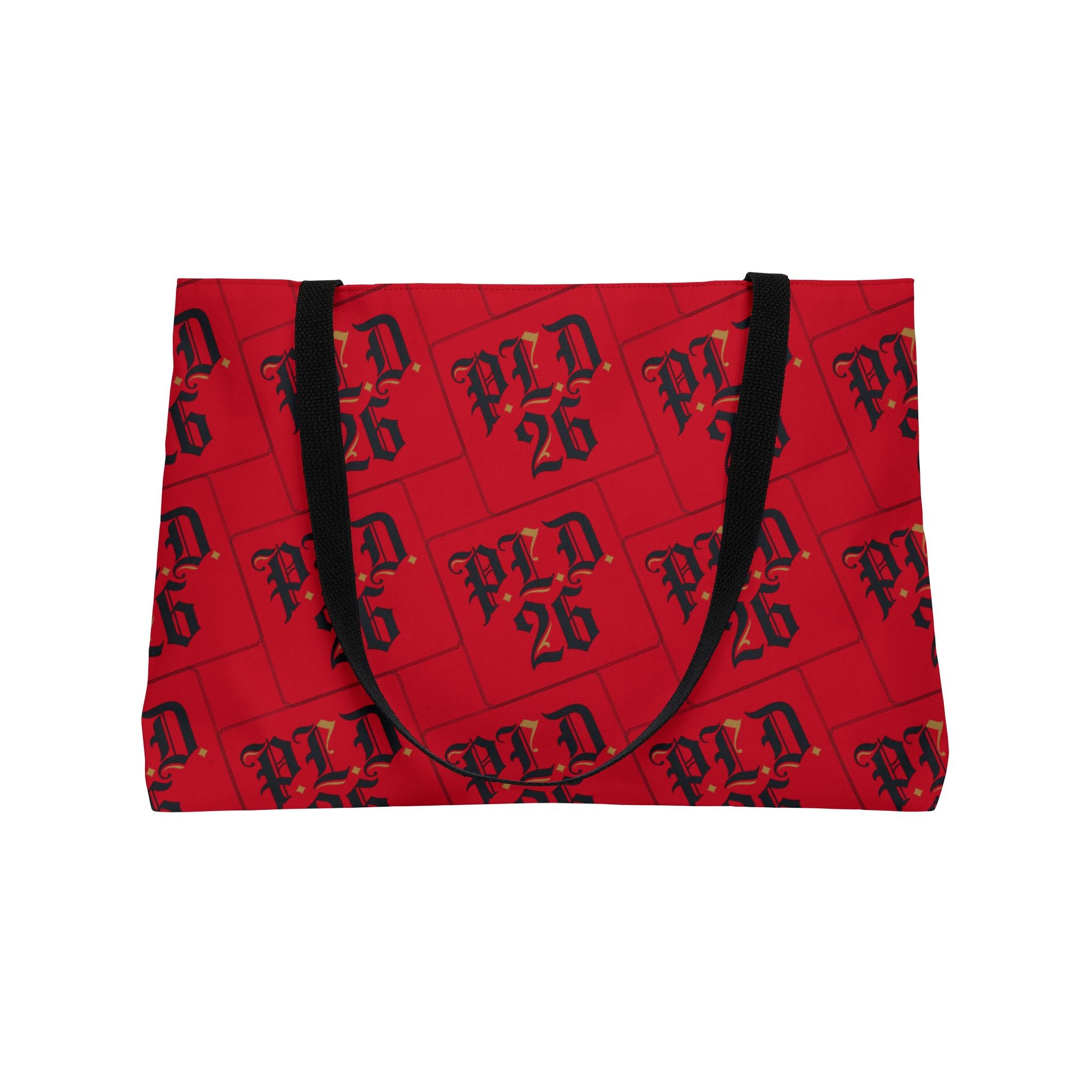 Weekender Tote Bag – Red Plaid 'WLD 26' Pattern Carryall