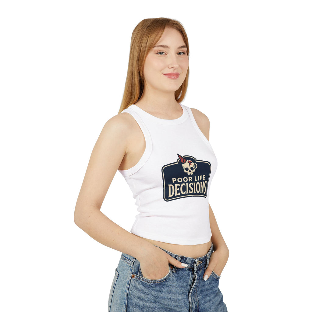Ribbed Racer Tank Top — 'Poor Life Decisions' Skull Patch Graphic