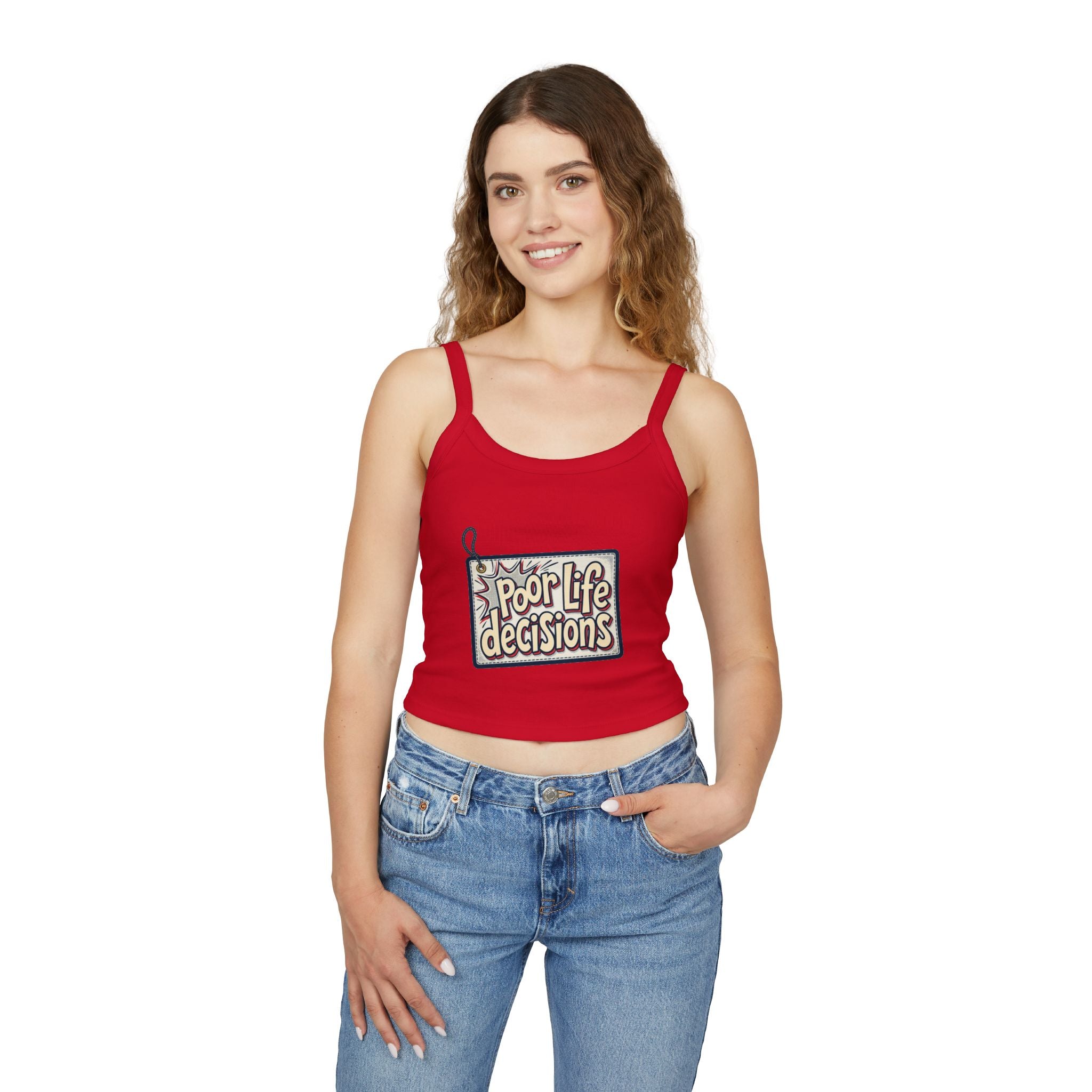 Spaghetti Tank Top — 'Poor Life Decisions' Patch Graphic Crop Top