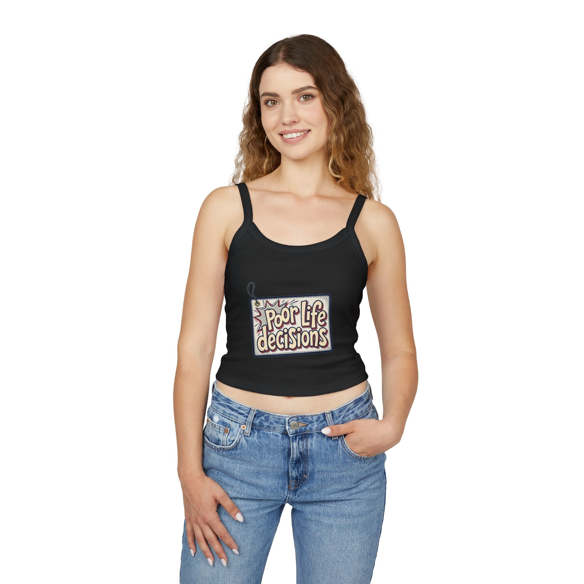 Spaghetti Tank Top — 'Poor Life Decisions' Patch Graphic Crop Top