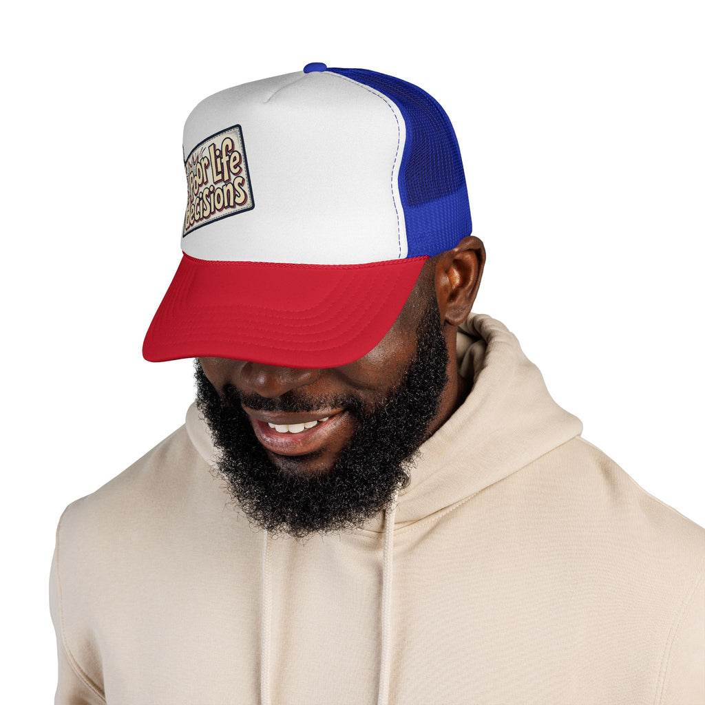 Trucker Cap — "Poor Life Decisions" Retro Patch Mesh Hat