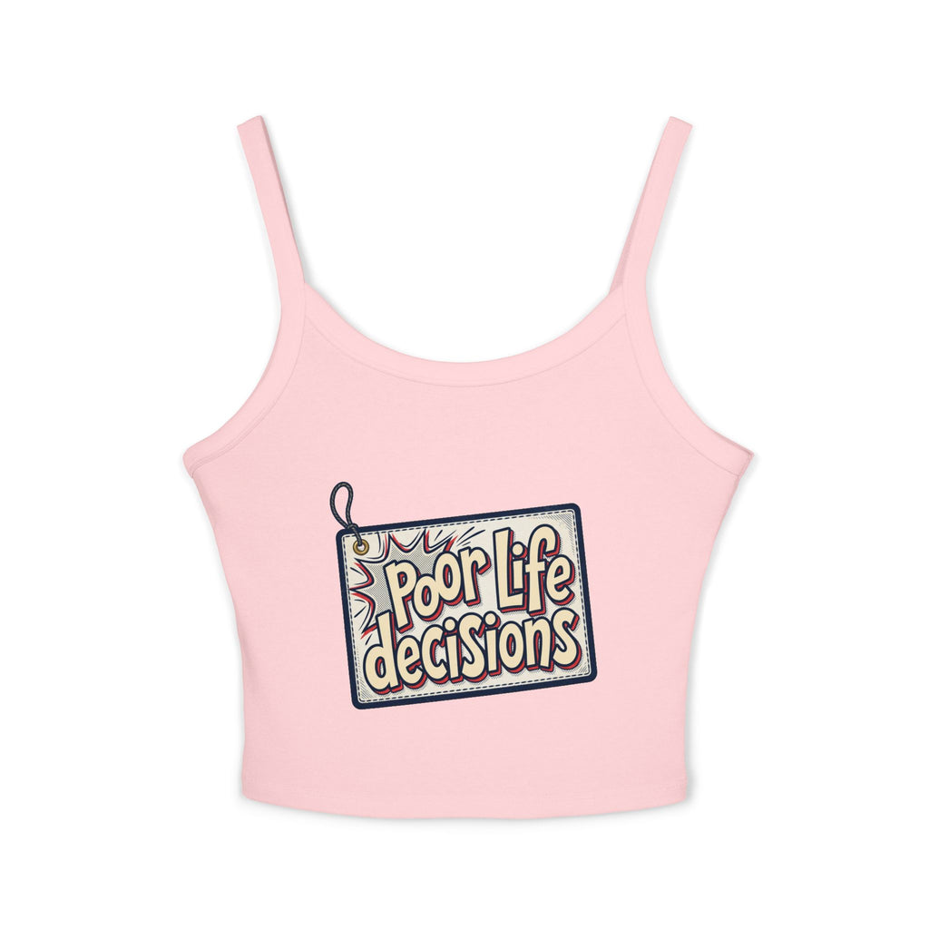 Spaghetti Tank Top — 'Poor Life Decisions' Patch Graphic Crop Top