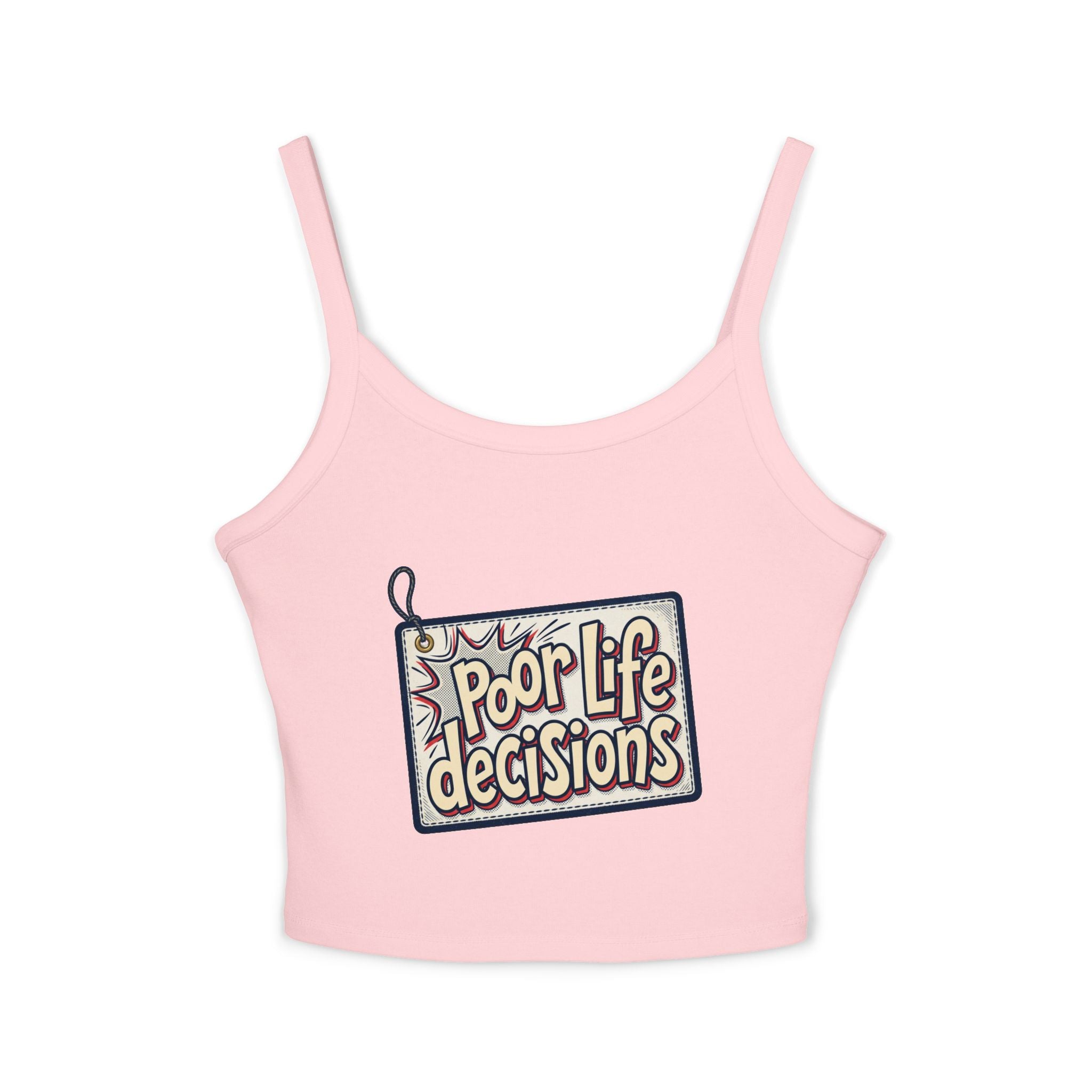 Spaghetti Tank Top — 'Poor Life Decisions' Patch Graphic Crop Top