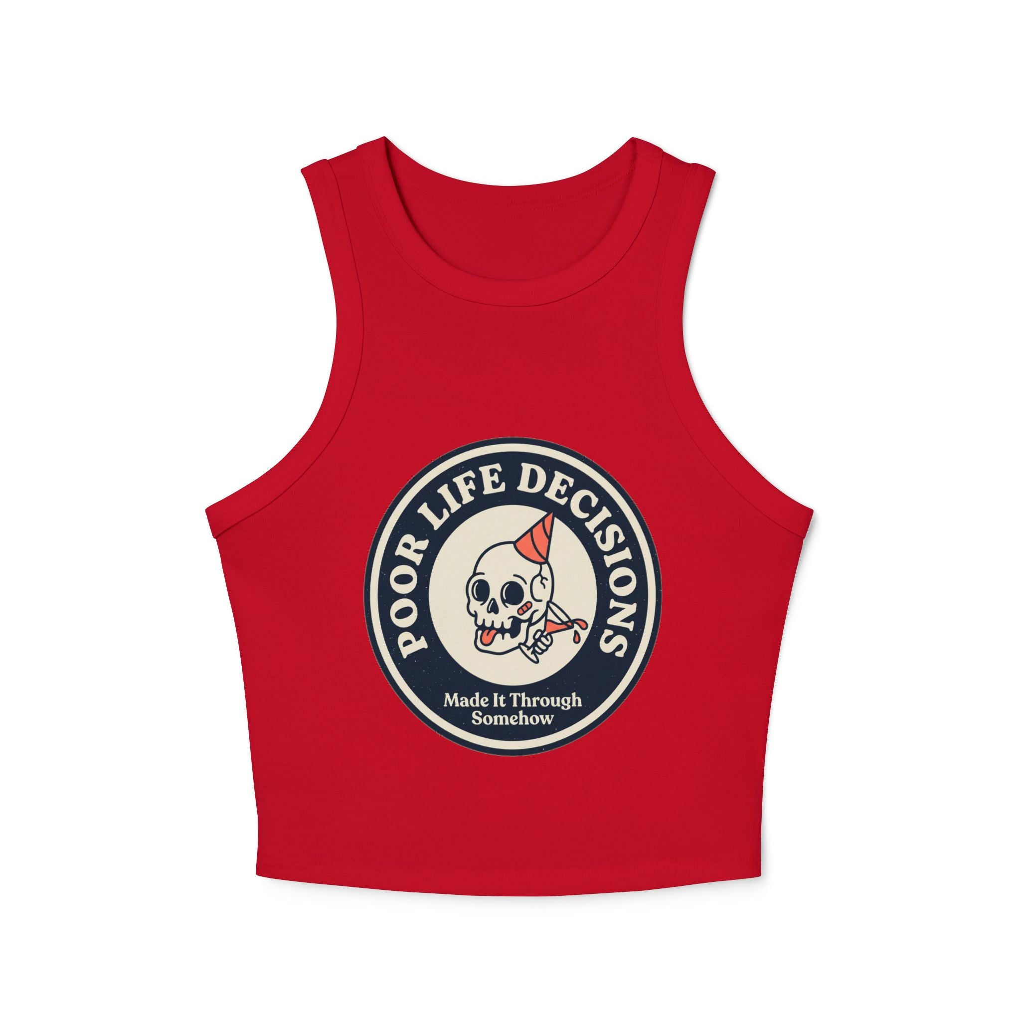 Women's Racer Tank Top — 'Poor Life Decisions' Skull Patch Graphic