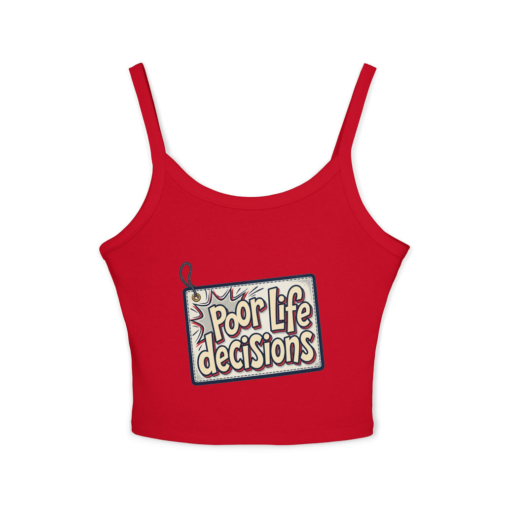 Spaghetti Tank Top — 'Poor Life Decisions' Patch Graphic Crop Top