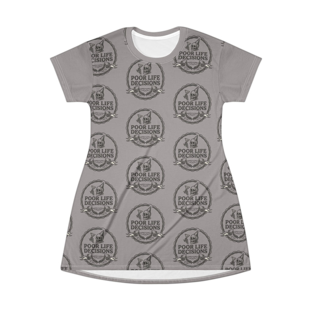 T-Shirt Dress — 'Poor Life Decisions' All-Over Print Casual Tee Dress