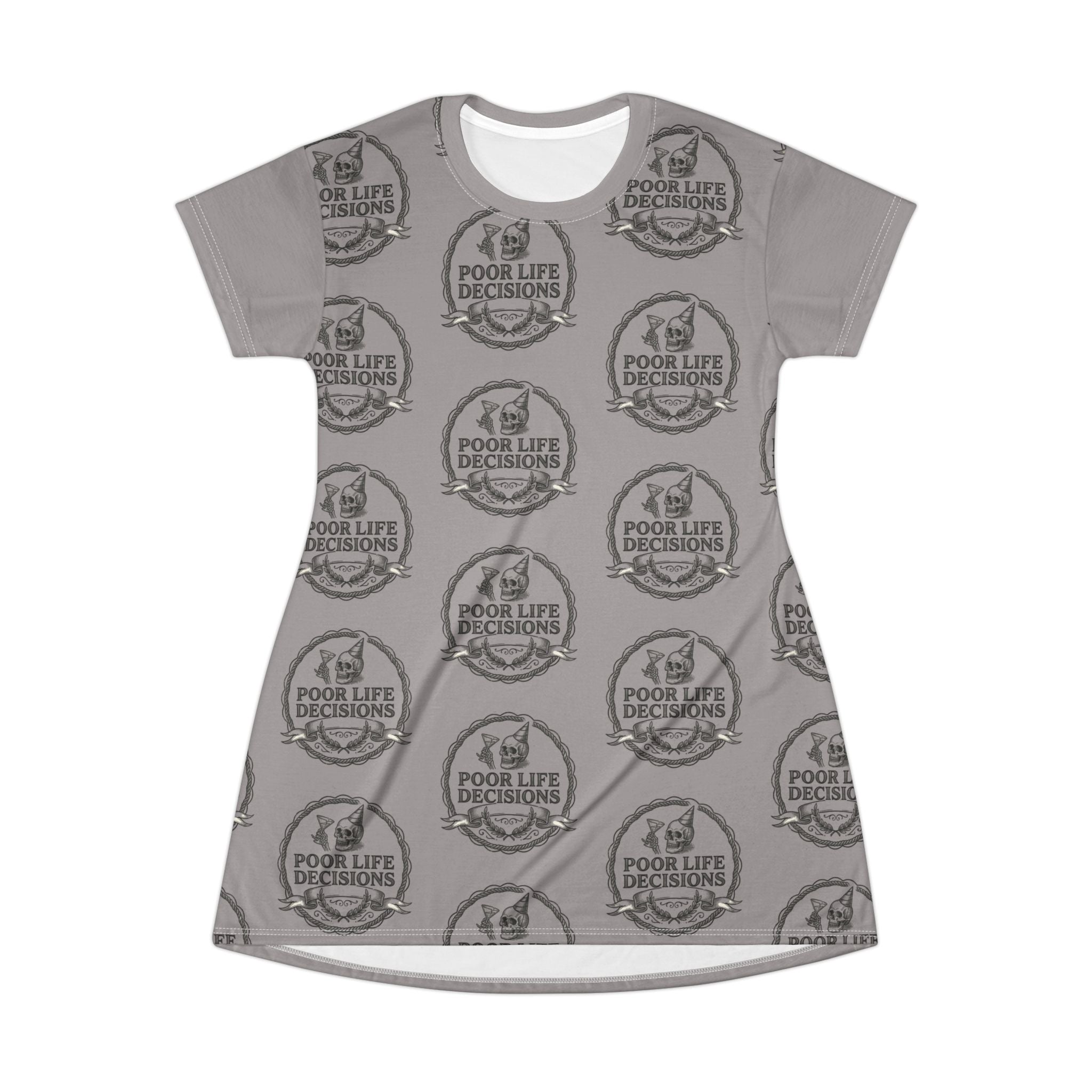 T-Shirt Dress — 'Poor Life Decisions' All-Over Print Casual Tee Dress