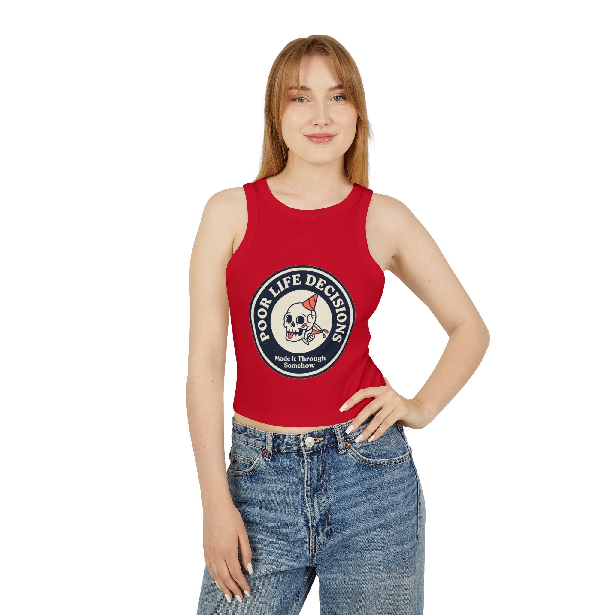 Women's Racer Tank Top — 'Poor Life Decisions' Skull Patch Graphic