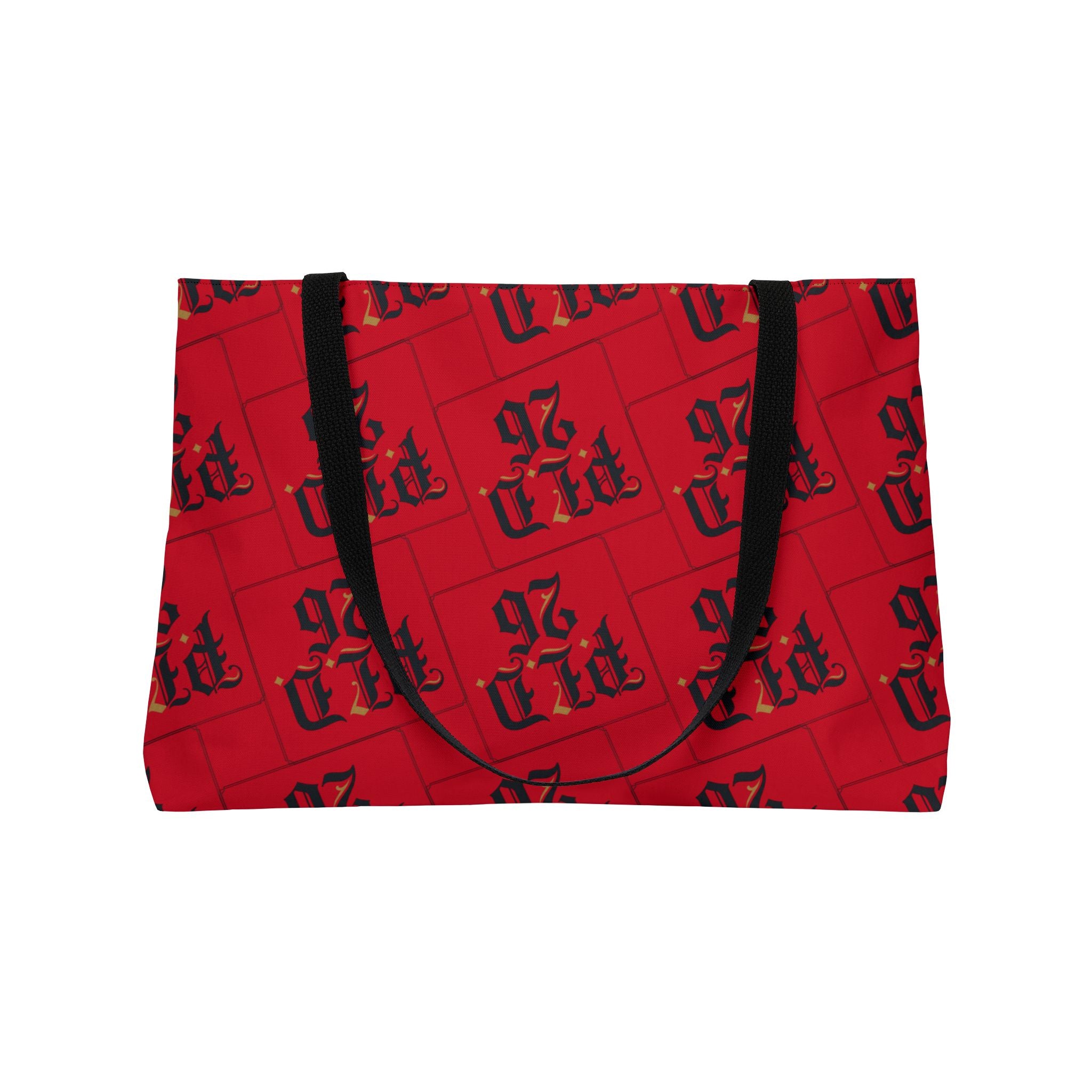 Weekender Tote Bag – Red Plaid 'WLD 26' Pattern Carryall