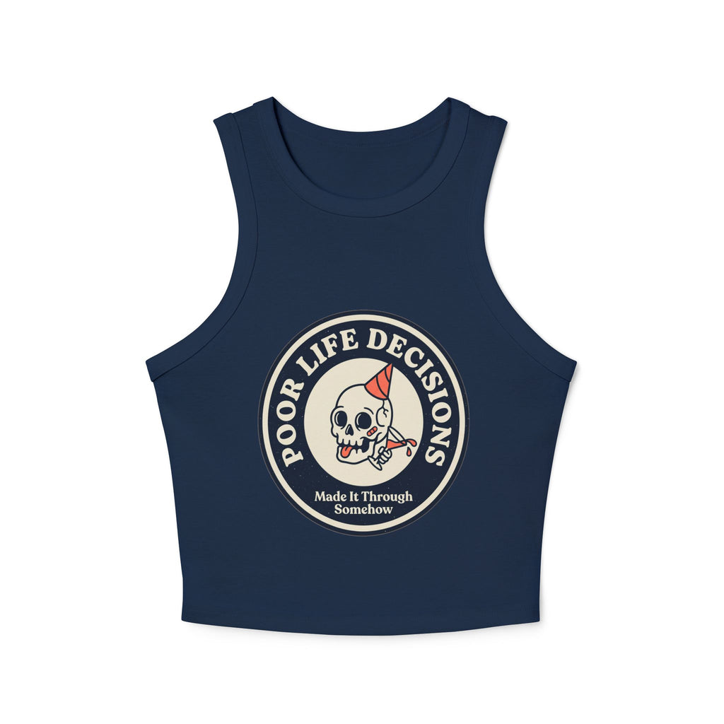 Women's Racer Tank Top — 'Poor Life Decisions' Skull Patch Graphic