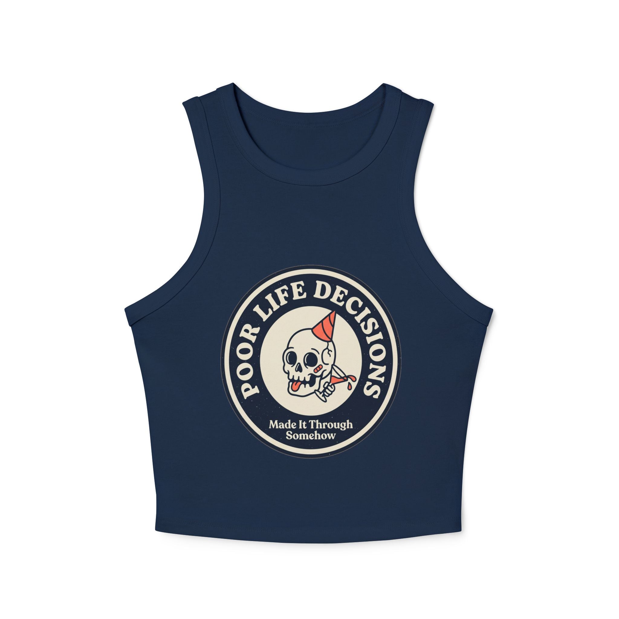 Women's Racer Tank Top — 'Poor Life Decisions' Skull Patch Graphic