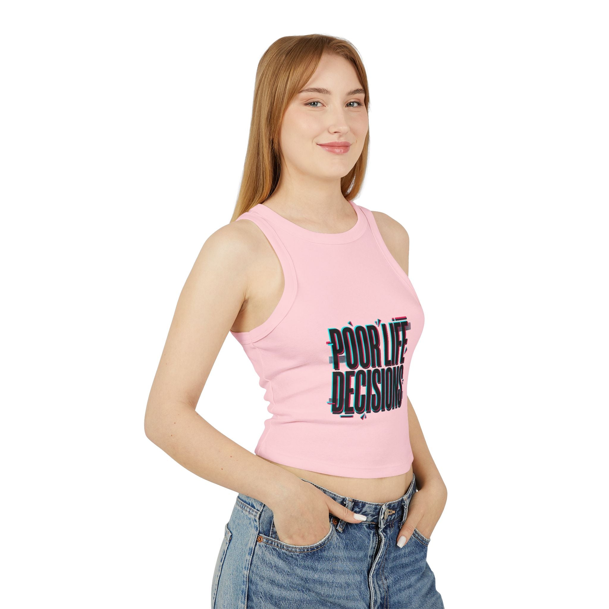 Crop Tank Top — "Poor Life Decisions" Glitch Graphic