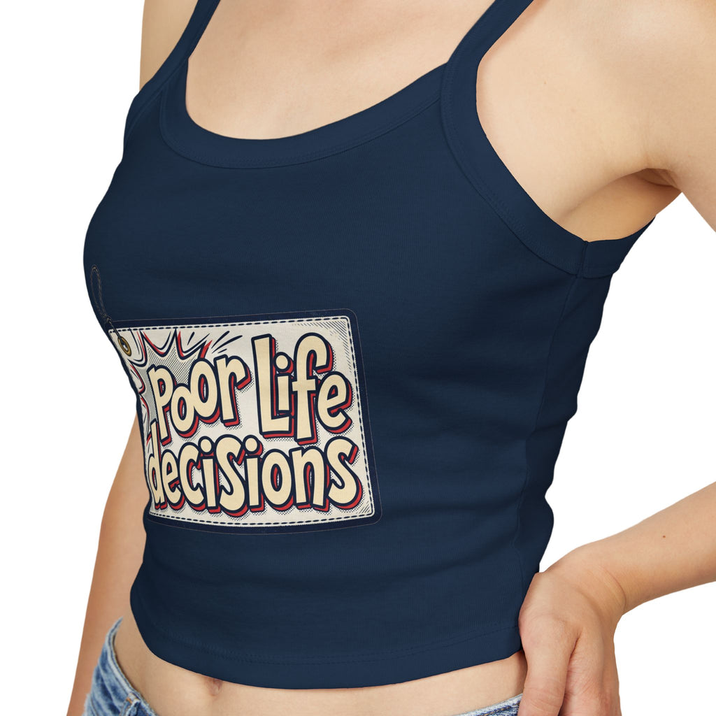 Spaghetti Tank Top — 'Poor Life Decisions' Patch Graphic Crop Top