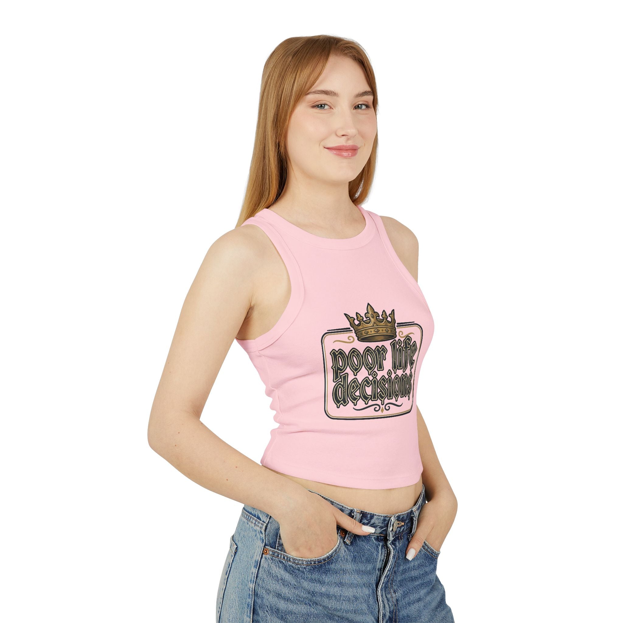 Racer Tank — "Poor Life Decisions" Crown Graphic Crop Top