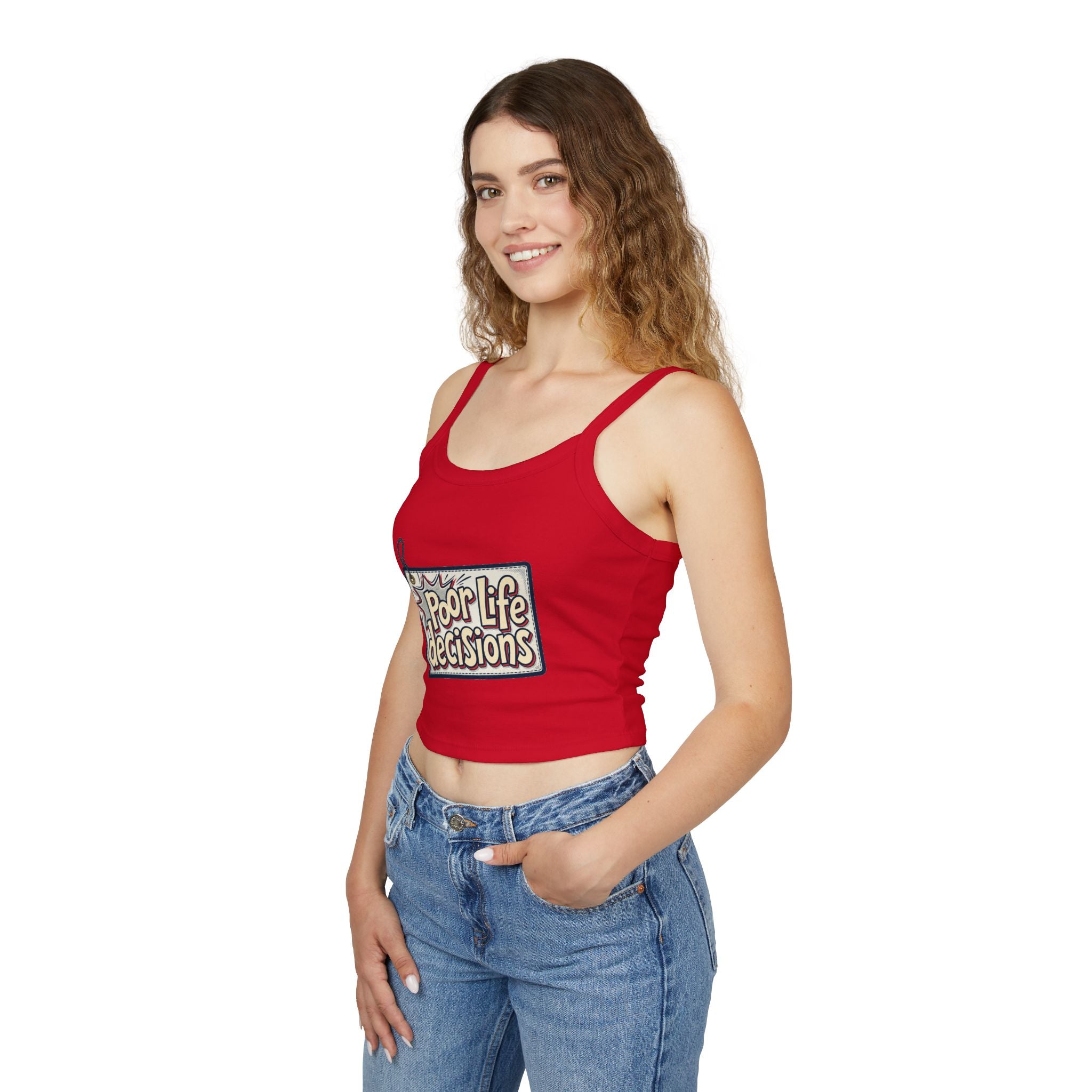 Spaghetti Tank Top — 'Poor Life Decisions' Patch Graphic Crop Top
