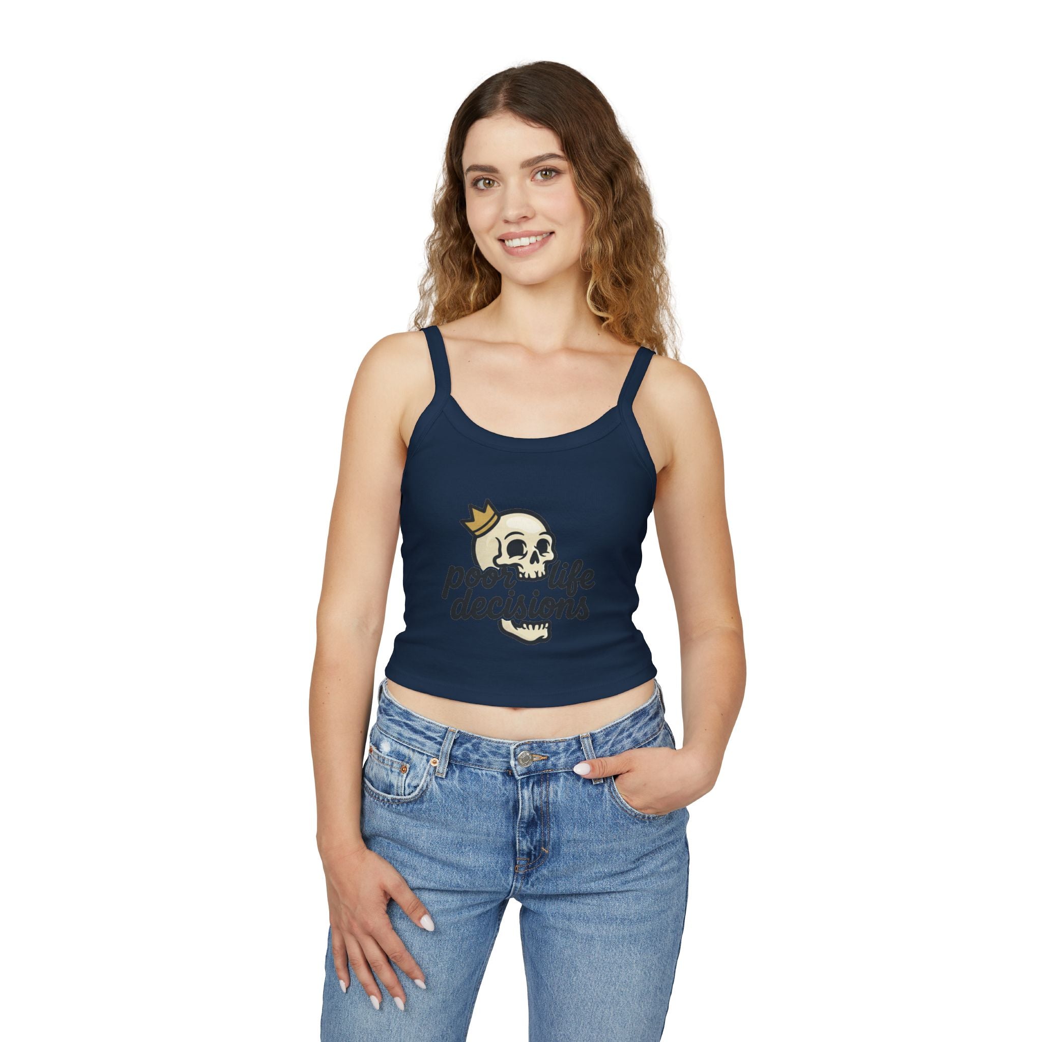 Skull Crown Crop Tank — "poor life decisions" Graphic Spaghetti-Strap Top