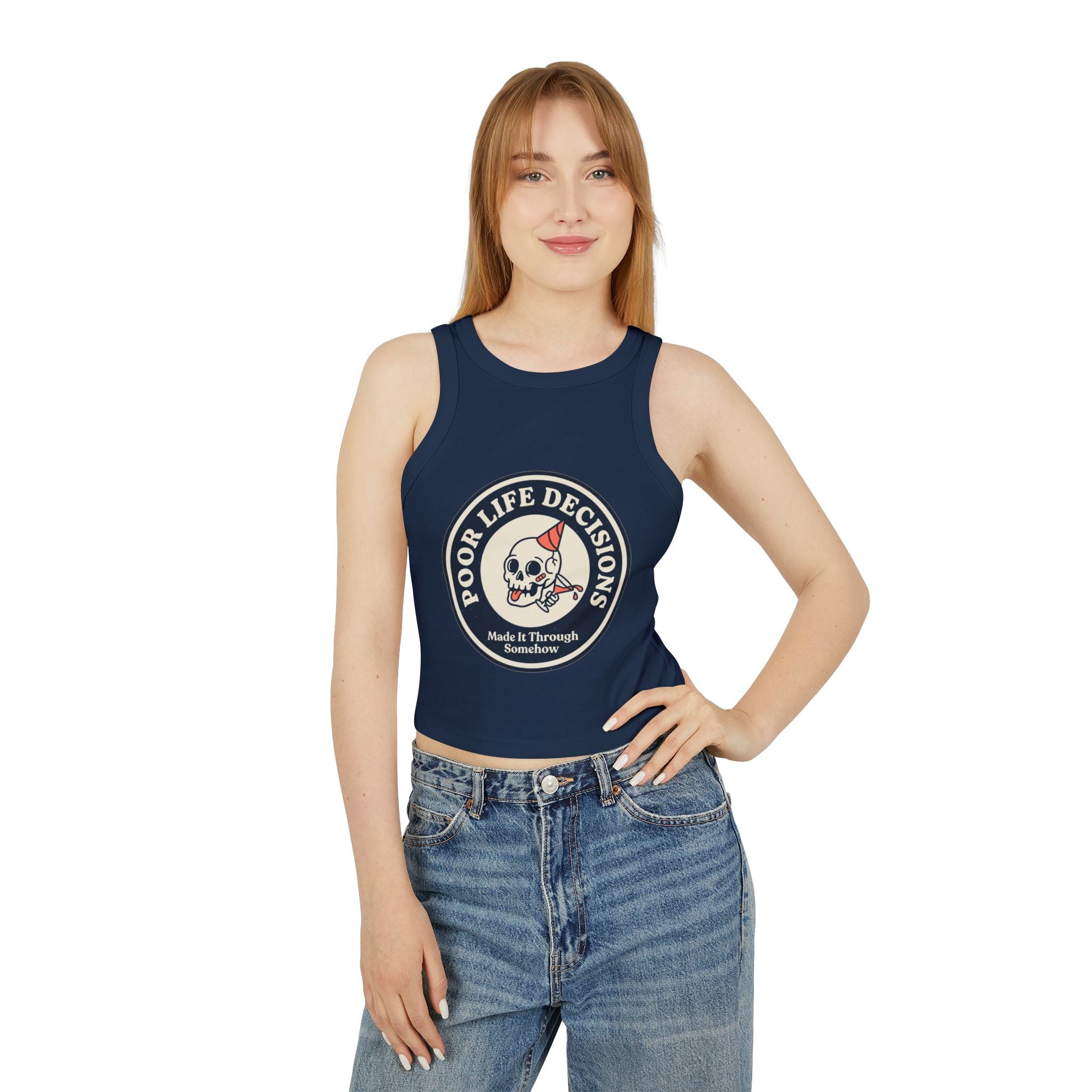 Women's Racer Tank Top — 'Poor Life Decisions' Skull Patch Graphic