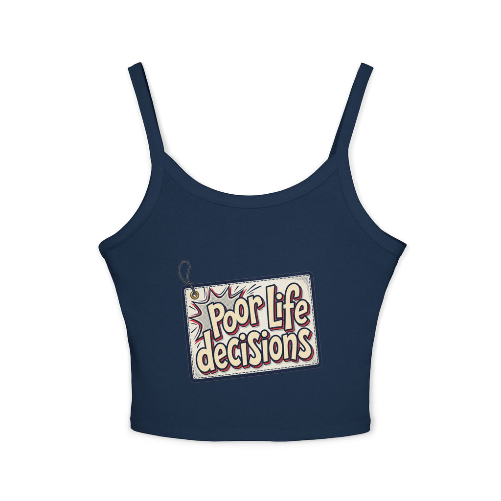 Spaghetti Tank Top — 'Poor Life Decisions' Patch Graphic Crop Top