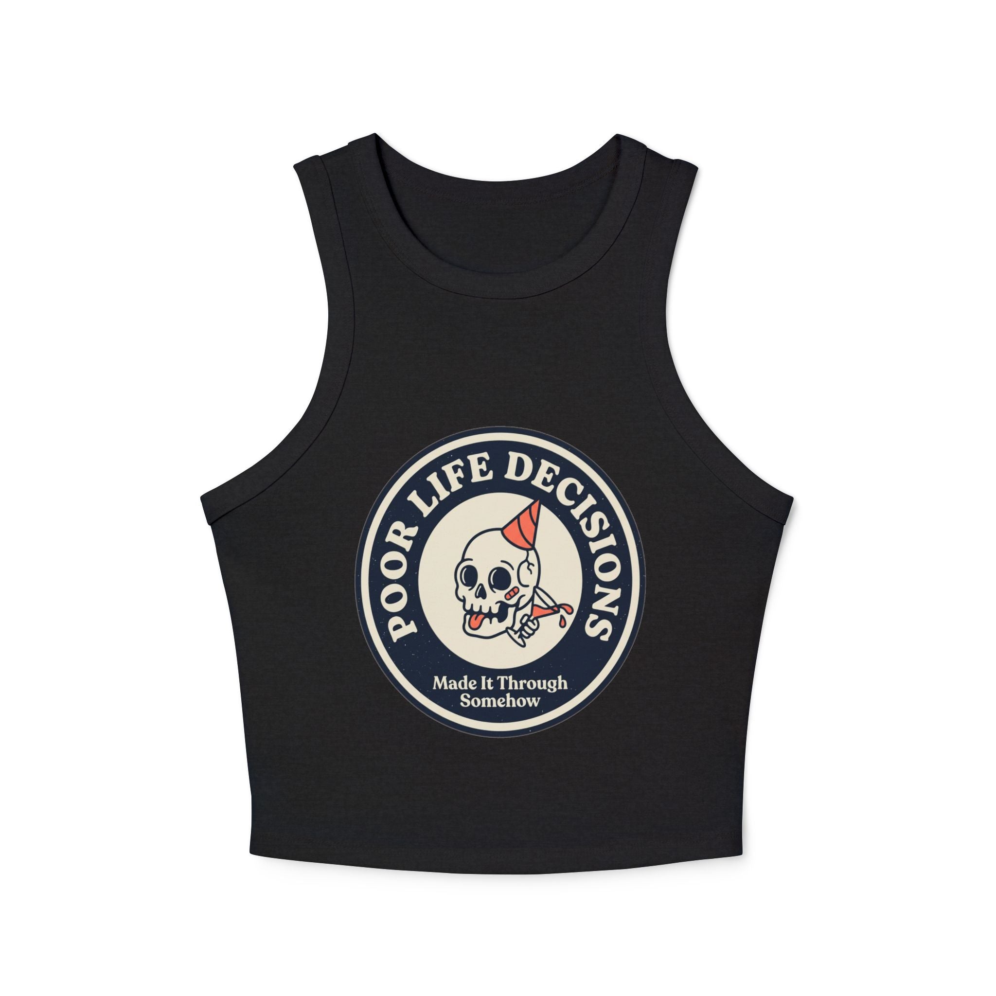 Women's Racer Tank Top — 'Poor Life Decisions' Skull Patch Graphic